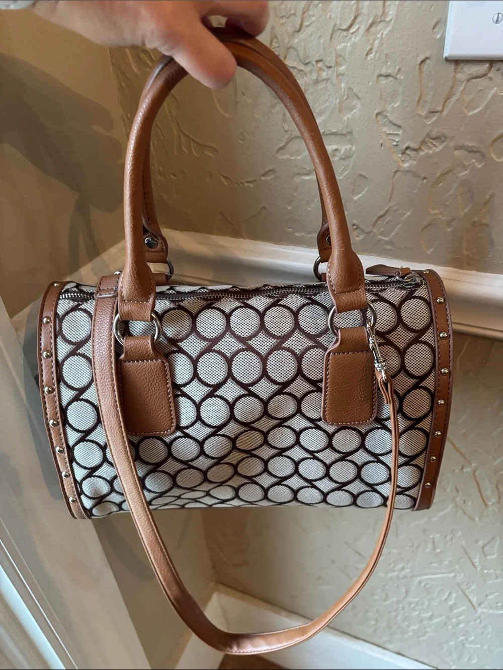 Nine West Beige and Brown Jacquard Satchel